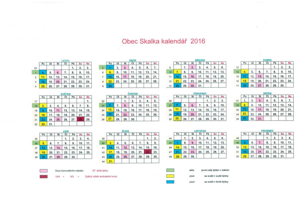 Kalendář svozů TKO na rok 2016